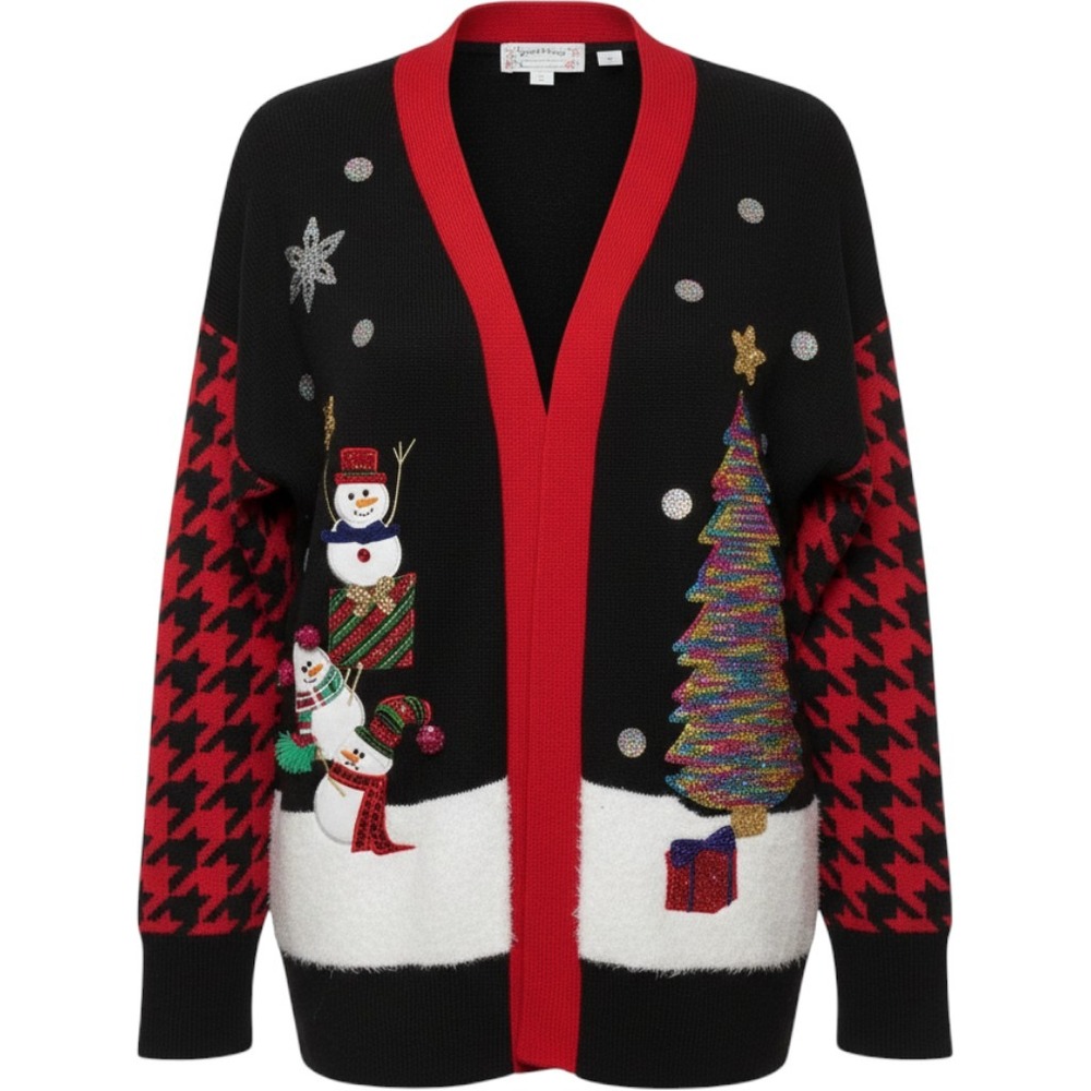 Merry & Bright Christmas Cardigan Sweater XL Black Red Houndstooth Snowman Tree